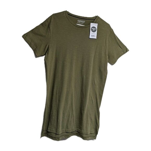 NEW Topman Shirt Men Small Longline Fit Long Tors T-shirt Olive Green Crew Tee S - Picture 1 of 11